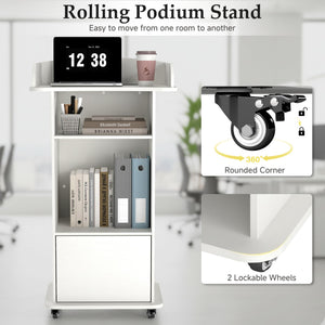 Portable Podium Stand with 4 Metal Wheels, Mobile Lectern Stand with Storage for Church Classroom Restaurant Reception Office Presentation, Wooden Pulpit Desk for Hostess Teacher (White)