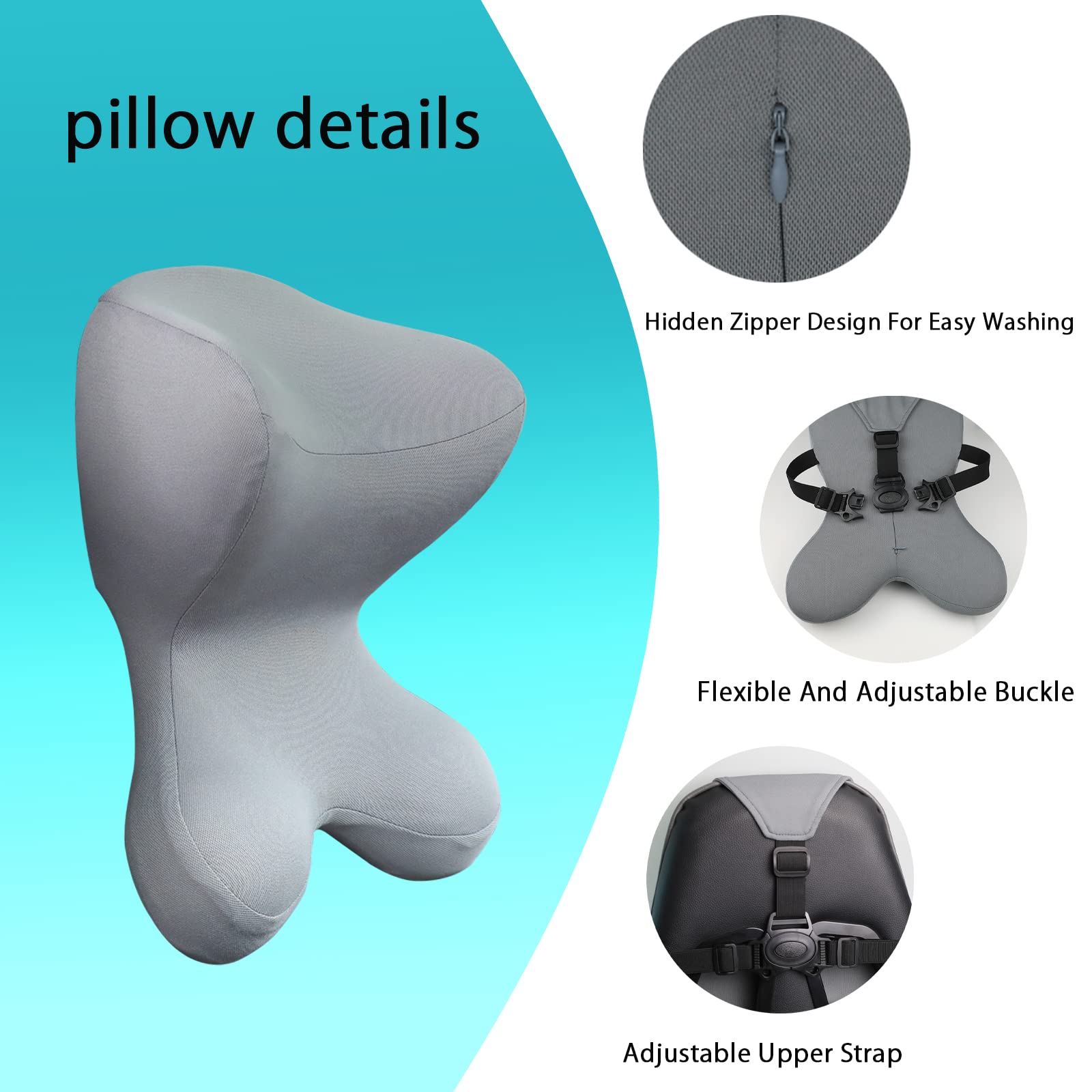 Neck Pillow for Driving Seat headrest Pillow/Gaming Chair Pillow with Adjustable Strap Removable Cover Ergonomic Design Neck Support Pillow for Car, Office Chair, Gaming Chair (Grey)