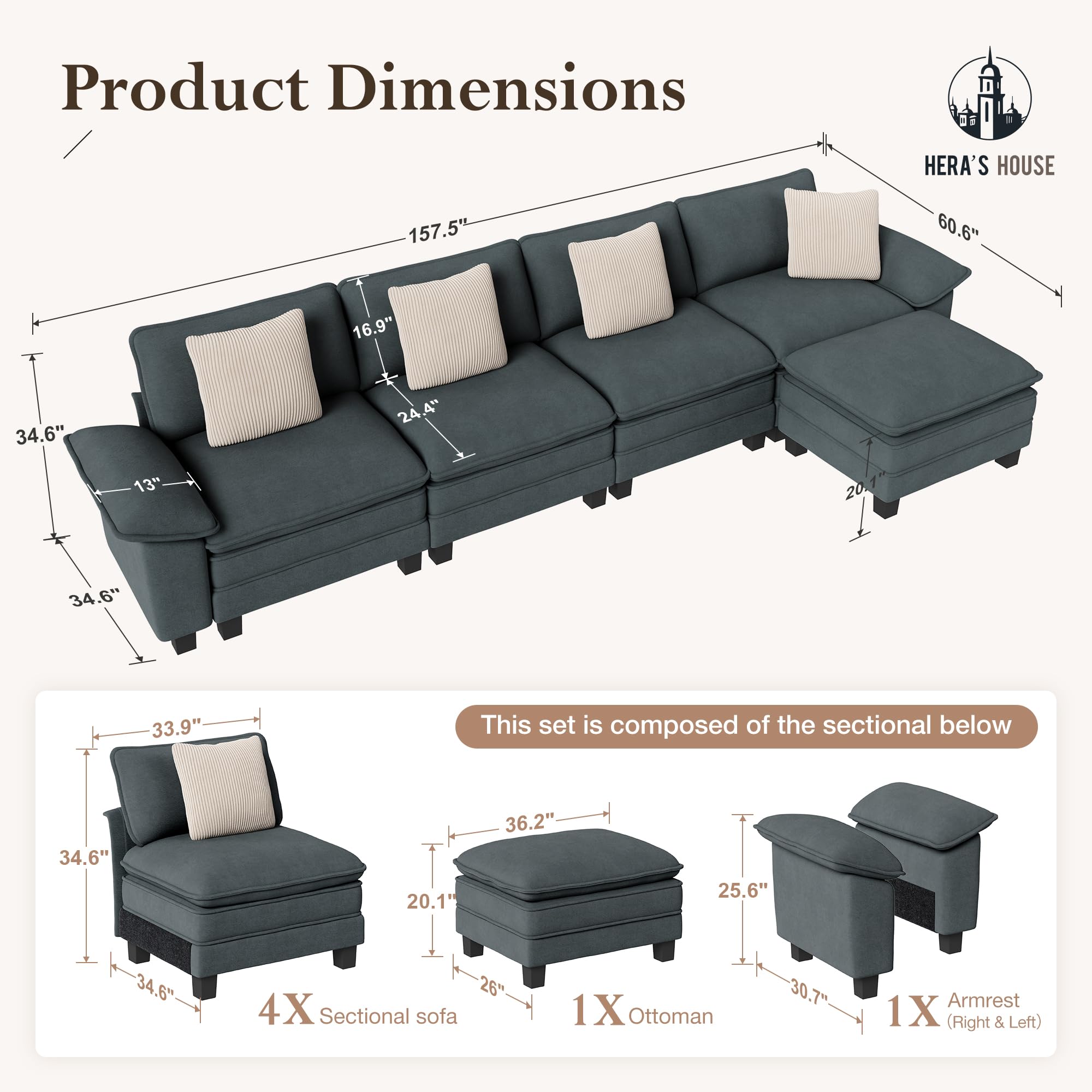 158" Modular Sectional Sofa, Oversized L Shaped Couches for Living Room, Comfy Cloud Couch with Ottoman, 5-Seater Deep Seat Sofa with Throw Pillow, Chenille Blue