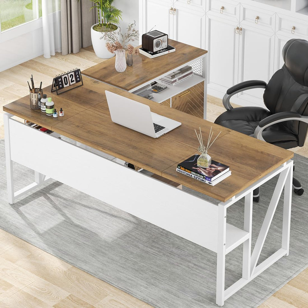 L Shaped Desk with Drawer,63" Executive Computer Desk and lateral File Cabinet, 2 Piece Home Office Furniture for Hanging File, Cabinet with Doors (Walnut, 63-inches)