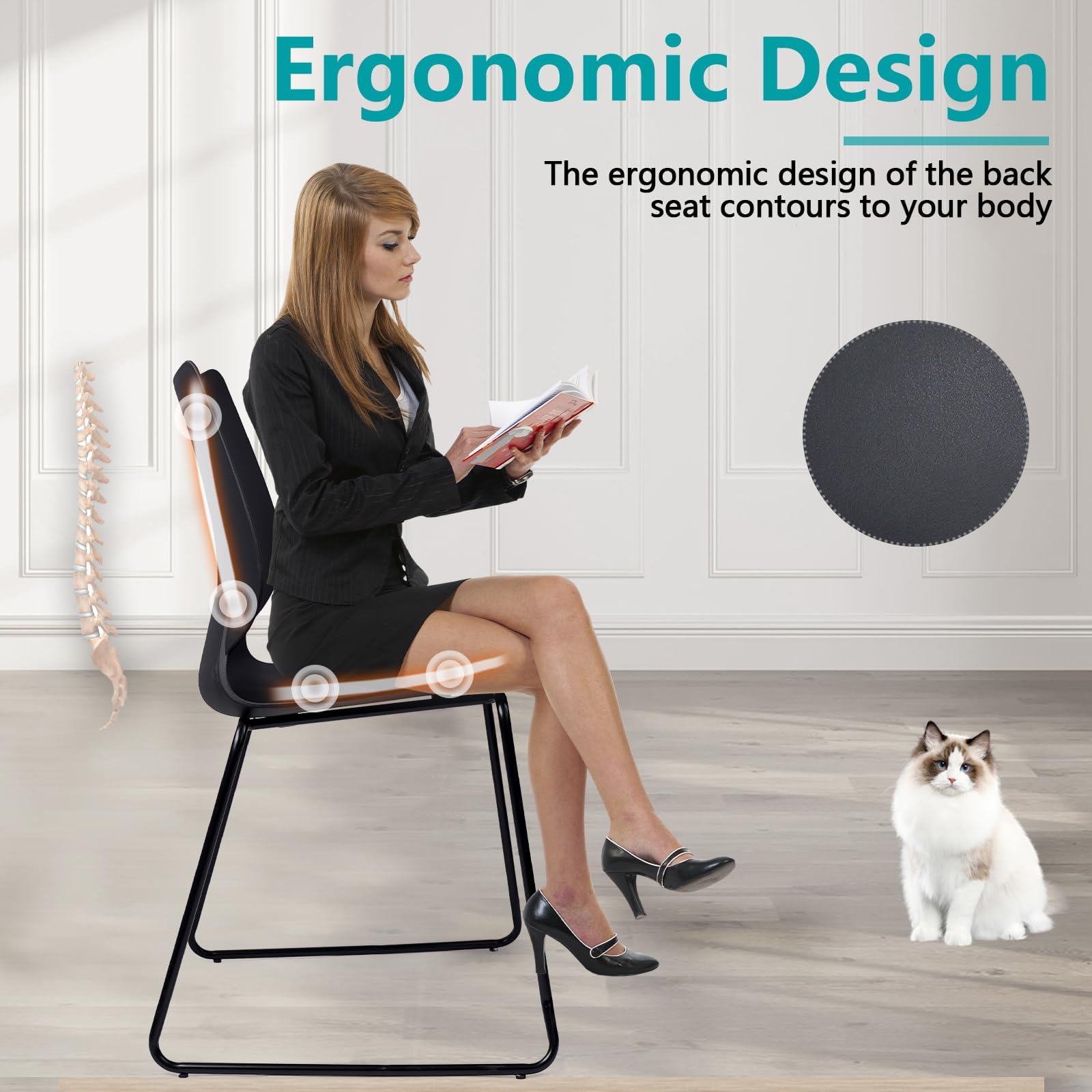 Set of 4, Black, Stackable Waiting Room Chair, Stacking Office Chair with Ergonomic Lumbar Support and Metal Legs, Plastic Desk Chairs for Conference School Church Guest Reception