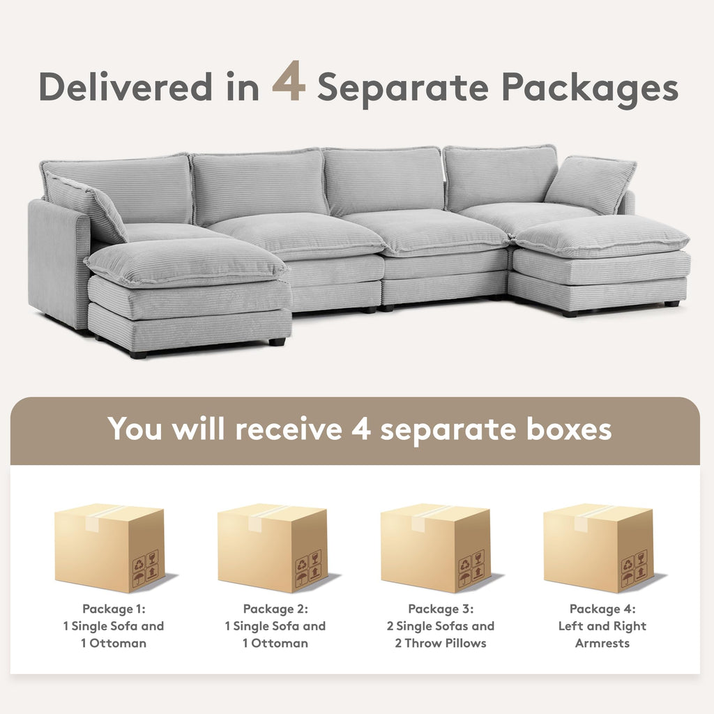148'' Sectional Cloud Couch with 2 Ottomans, Oversized 4 Seat Sleeper Sofa with 2 Throw Pillows, Convertible Upholstered U Shaped Cozy Sofa Furniture Set for Living Room and Office, Light Grey