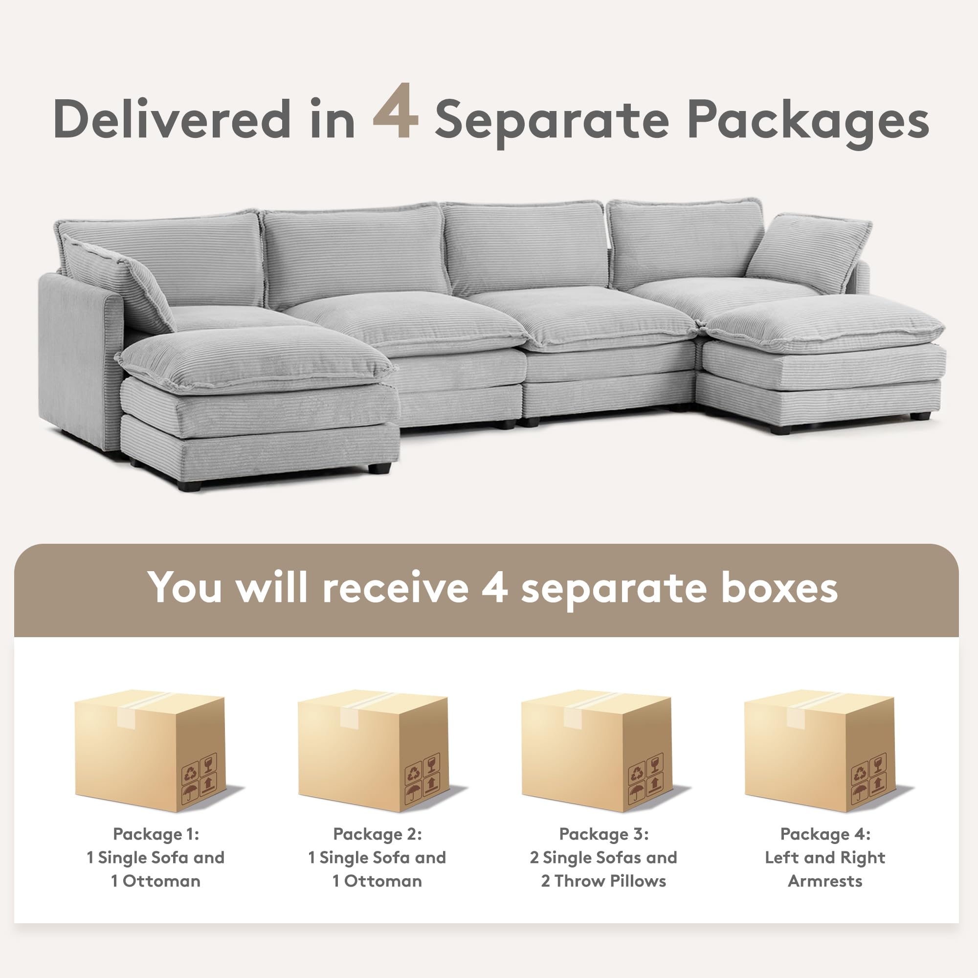 148'' Sectional Cloud Couch with 2 Ottomans, Oversized 4 Seat Sleeper Sofa with 2 Throw Pillows, Convertible Upholstered U Shaped Cozy Sofa Furniture Set for Living Room and Office, Light Grey