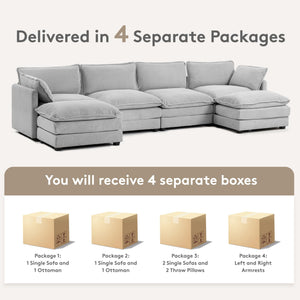 148'' Sectional Cloud Couch with 2 Ottomans, Oversized 4 Seat Sleeper Sofa with 2 Throw Pillows, Convertible Upholstered U Shaped Cozy Sofa Furniture Set for Living Room and Office, Light Grey