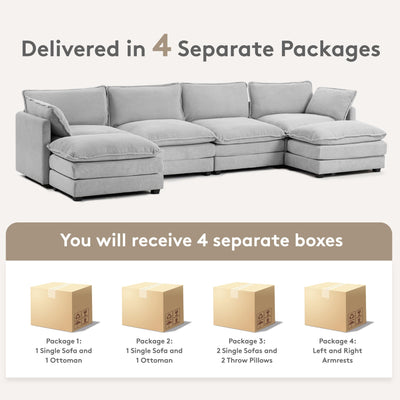 148'' Sectional Cloud Couch with 2 Ottomans, Oversized 4 Seat Sleeper Sofa with 2 Throw Pillows, Convertible Upholstered U Shaped Cozy Sofa Furniture Set for Living Room and Office, Light Grey