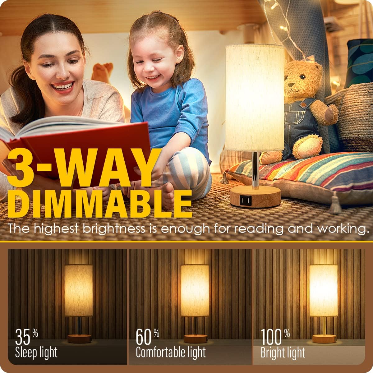 Bedside Table Lamp with USB Port - Touch Control for Bedroom Wood 3 Way Dimmable Nightstand Lamp with Round Flaxen Fabric Shade for Living Room, Dorm, Home Office (LED Bulb Included)