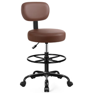 Drafting Chair with Backrest – Adjustable Foot Rest Rolling Stool with Wheels, PU Leather Swivel Stool for Office Spa Studio Lab Counter Salon Home Work Bar Kitchen Shop(Brown)