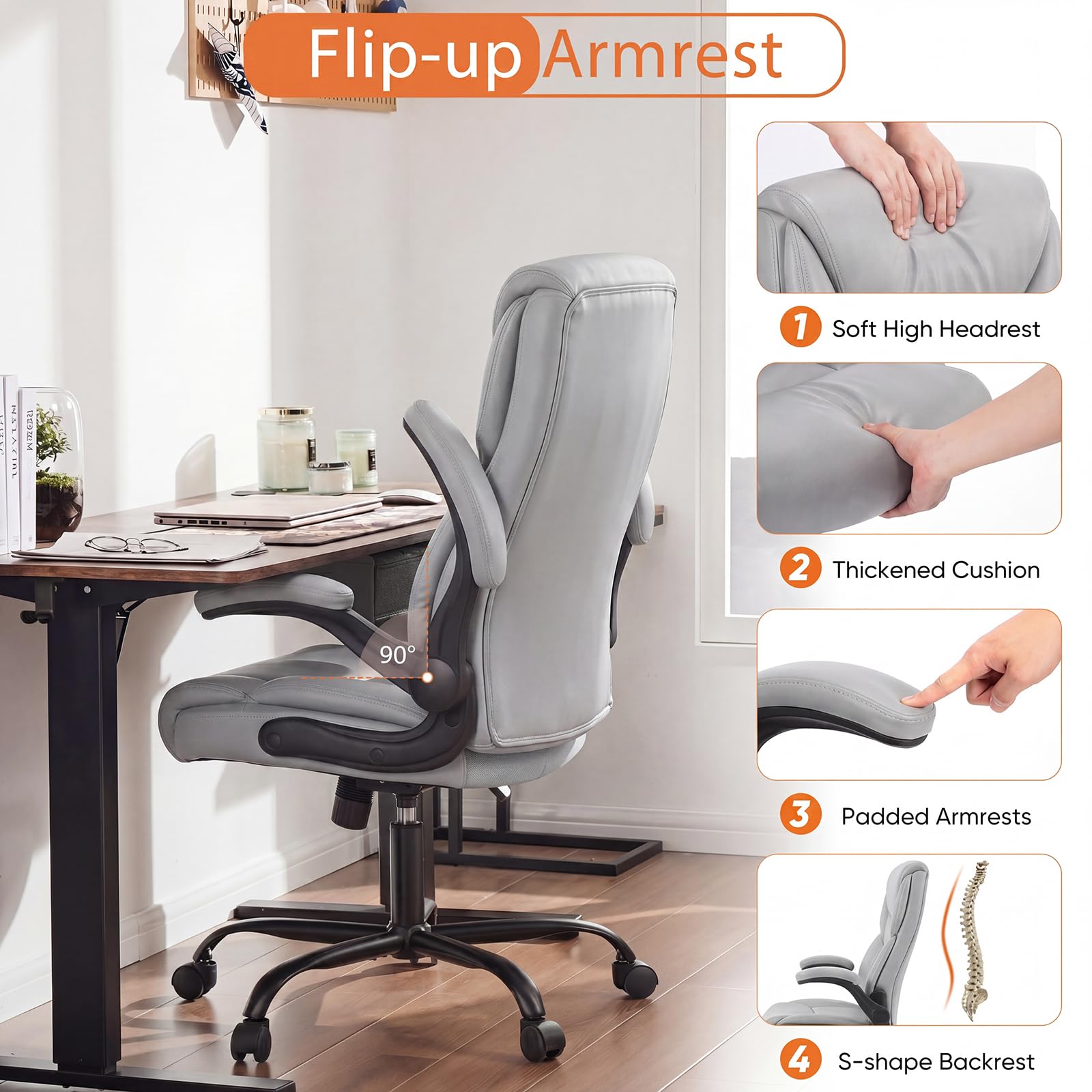 Office Computer Gaming Chair, Ergonomic High Back Heavy Duty Task Desk Chairs with Wheels, Flip-up Arms, Adjustable Height, PU Leather, Grey