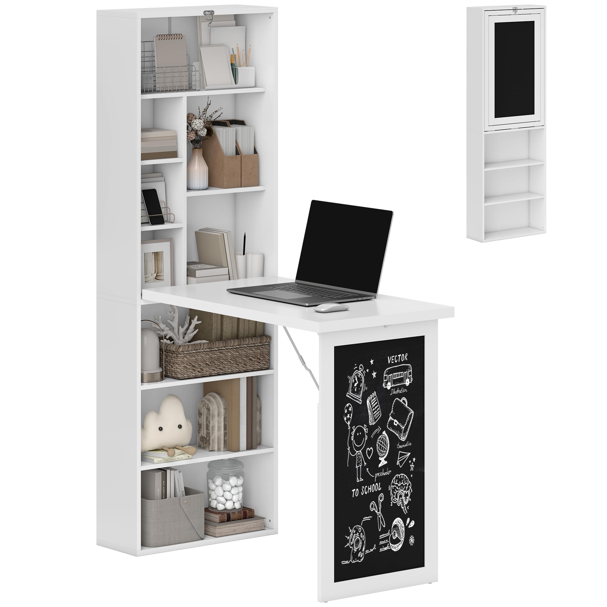 Foldable Convertible Writing Table, Wall Mounted Space-Saving Computer Desk with Chalkboard and Storage Shelves for Small Spaces, Home Office, Bedroom, Dorm, Apartment, White