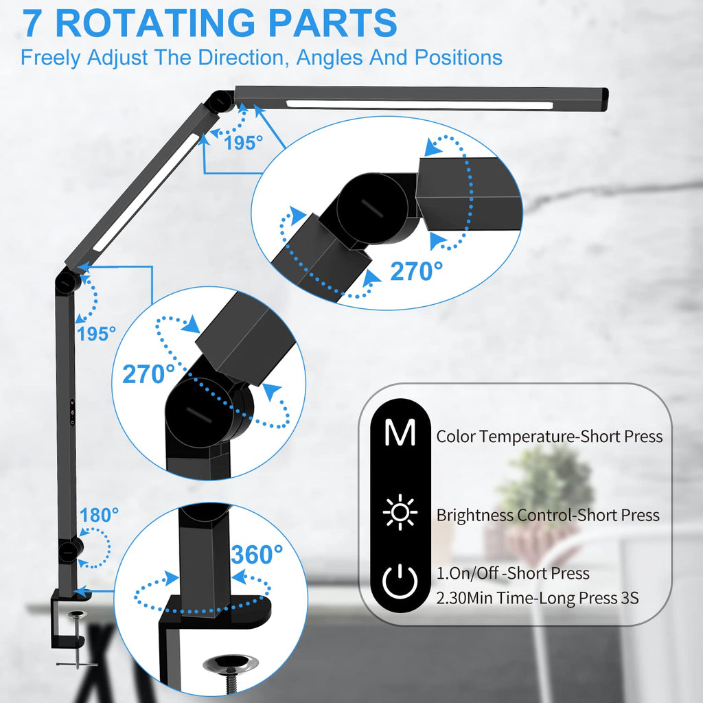 LED Desk Lamp with Clamp, Architect Desk Lamp with Dual Light and Adjustable Swing Arm, Clip-on Eye-Care 4 CCT Modes & 5 Brightness Levels Table Light Modern Computer Lighting for Home Office