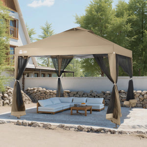 Gazebo 10x10 Pop Up Canopy with Mosquito Netting, Screen Tent with 4 Ropes, 8 Stakes, 4 Sandbags and Wheeled Storage Bag, Canopy for Patio & Backyard, Beige