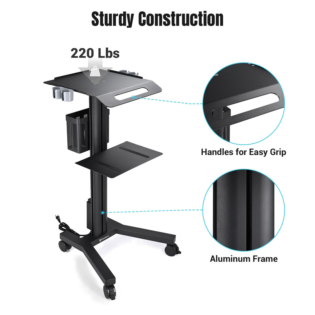 Mobile Laptop Cart Medical Rolling PC Stand Computer Workstation on Wheels with Handle 220 Lbs Capacity CPU Printer Power Strip Holder for Lap School Office Salon Spa Dental