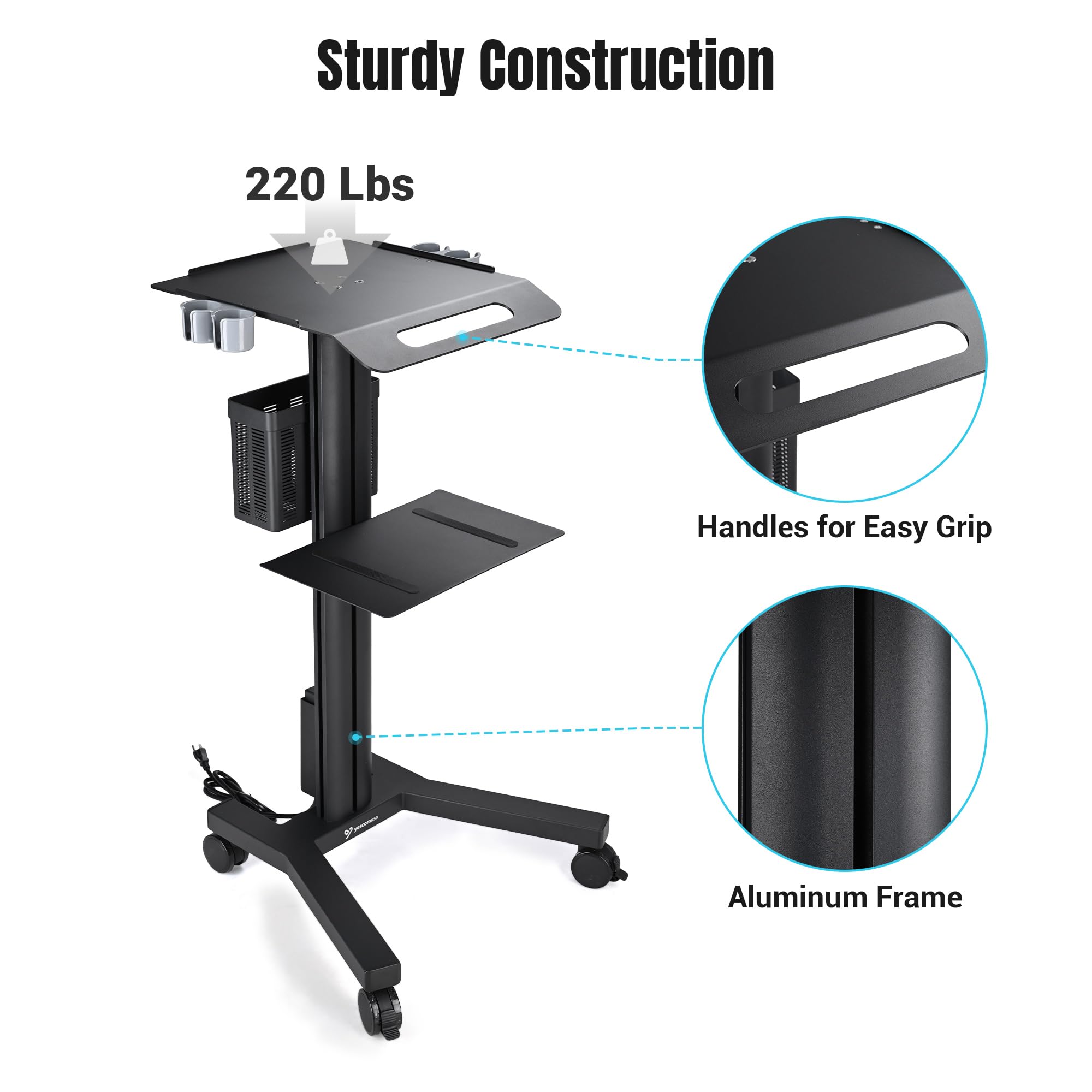 Mobile Laptop Cart Medical Rolling PC Stand Computer Workstation on Wheels with Handle 220 Lbs Capacity CPU Printer Power Strip Holder for Lap School Office Salon Spa Dental