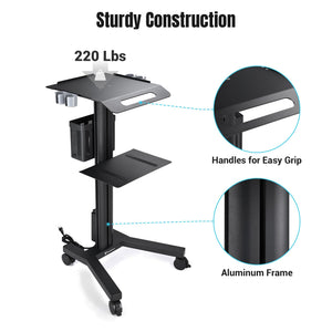 Mobile Laptop Cart Medical Rolling PC Stand Computer Workstation on Wheels with Handle 220 Lbs Capacity CPU Printer Power Strip Holder for Lap School Office Salon Spa Dental