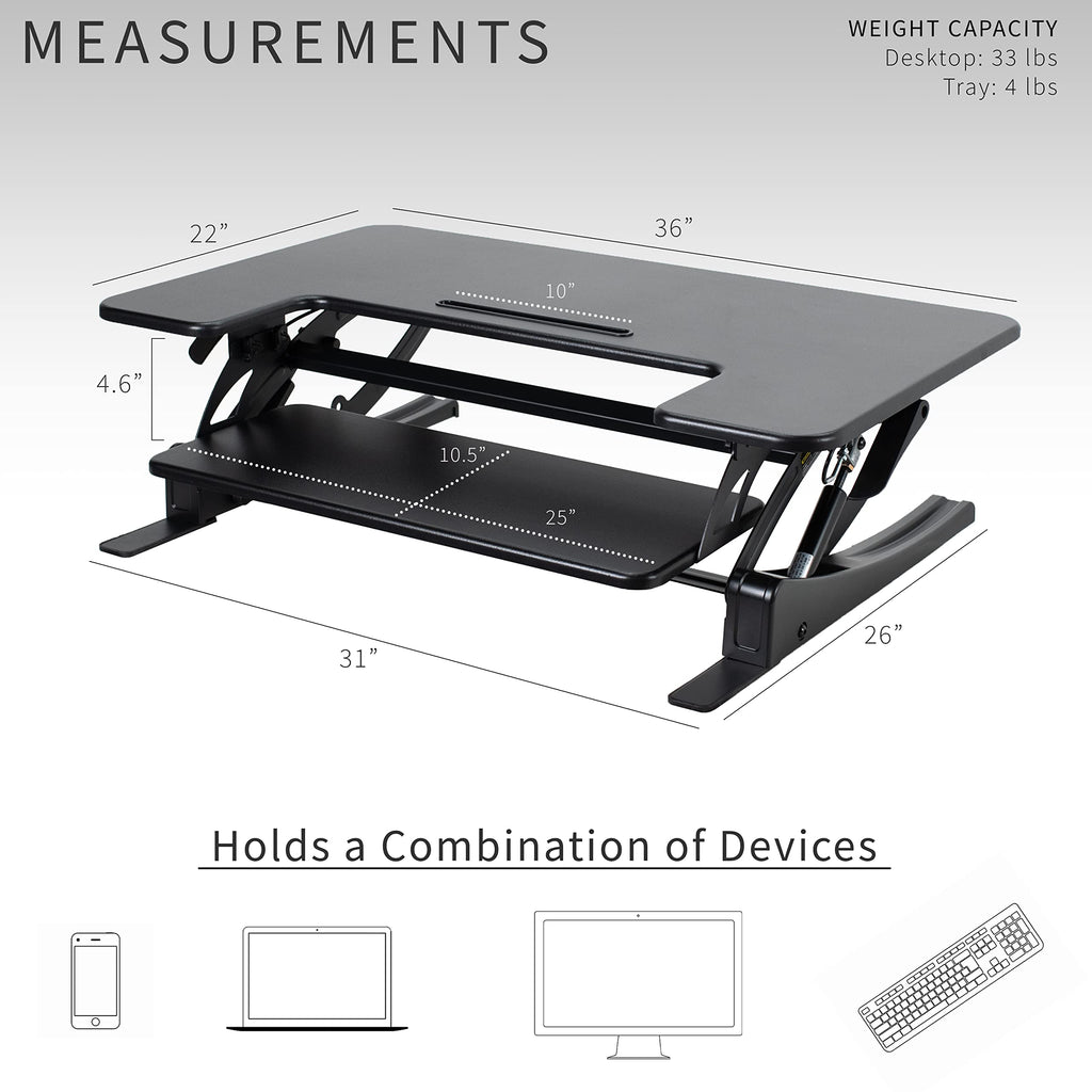36 inch Height Adjustable Stand Up Desk Converter, V Series, Quick Sit to Stand Tabletop Dual Monitor Riser Workstation, Black, DESK-V000V