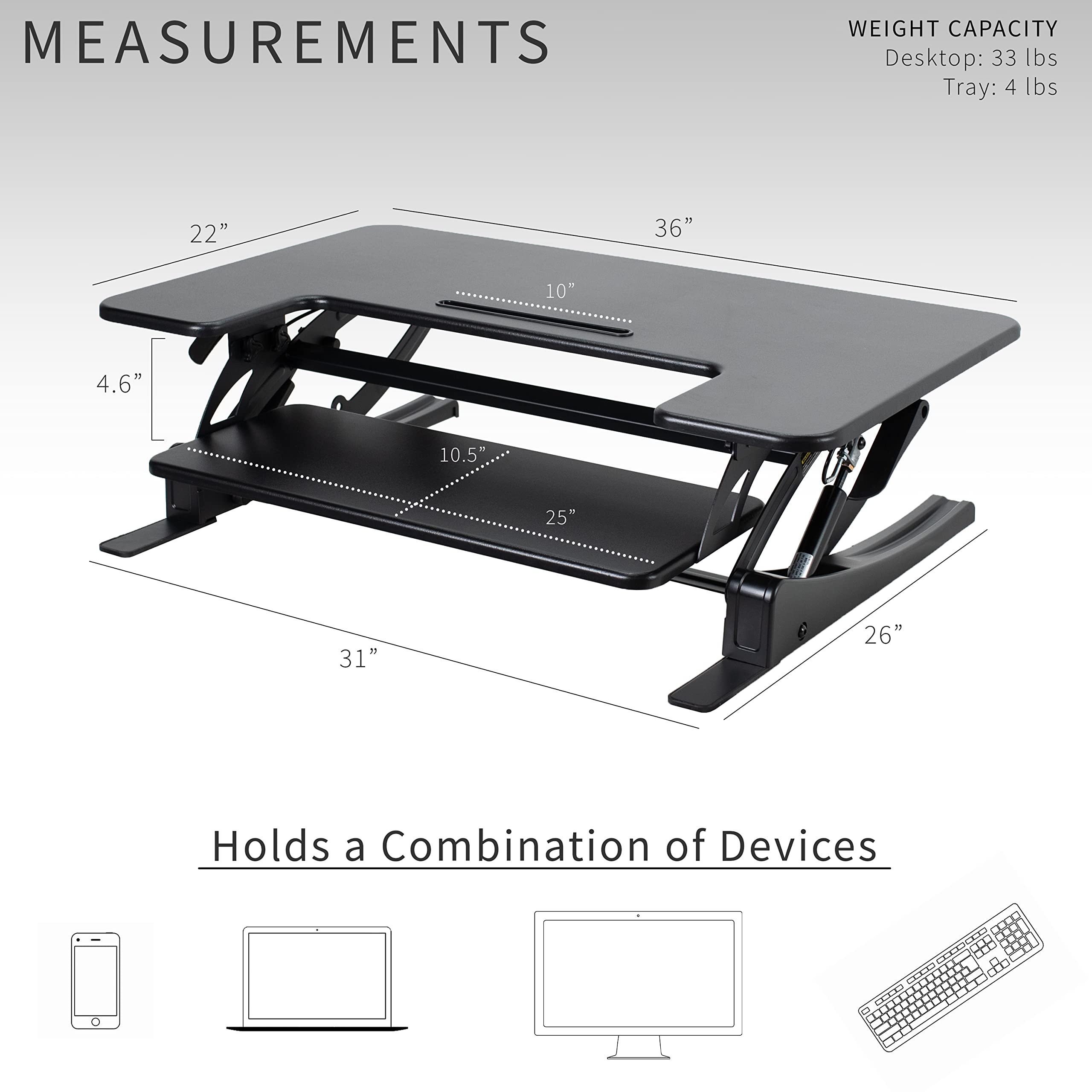 36 inch Height Adjustable Stand Up Desk Converter, V Series, Quick Sit to Stand Tabletop Dual Monitor Riser Workstation, Black, DESK-V000V