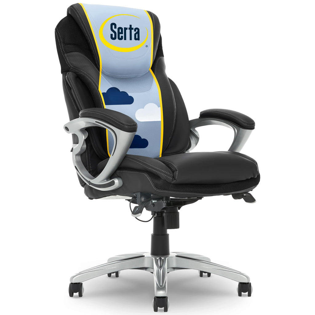 Executive Office Chair - Ergonomic Computer DeskChair with Lumbar Technology - Adjustable Height - Memory Foam Body Pillows - 360° Swivel Rolling Base - Bonded Leather - Black