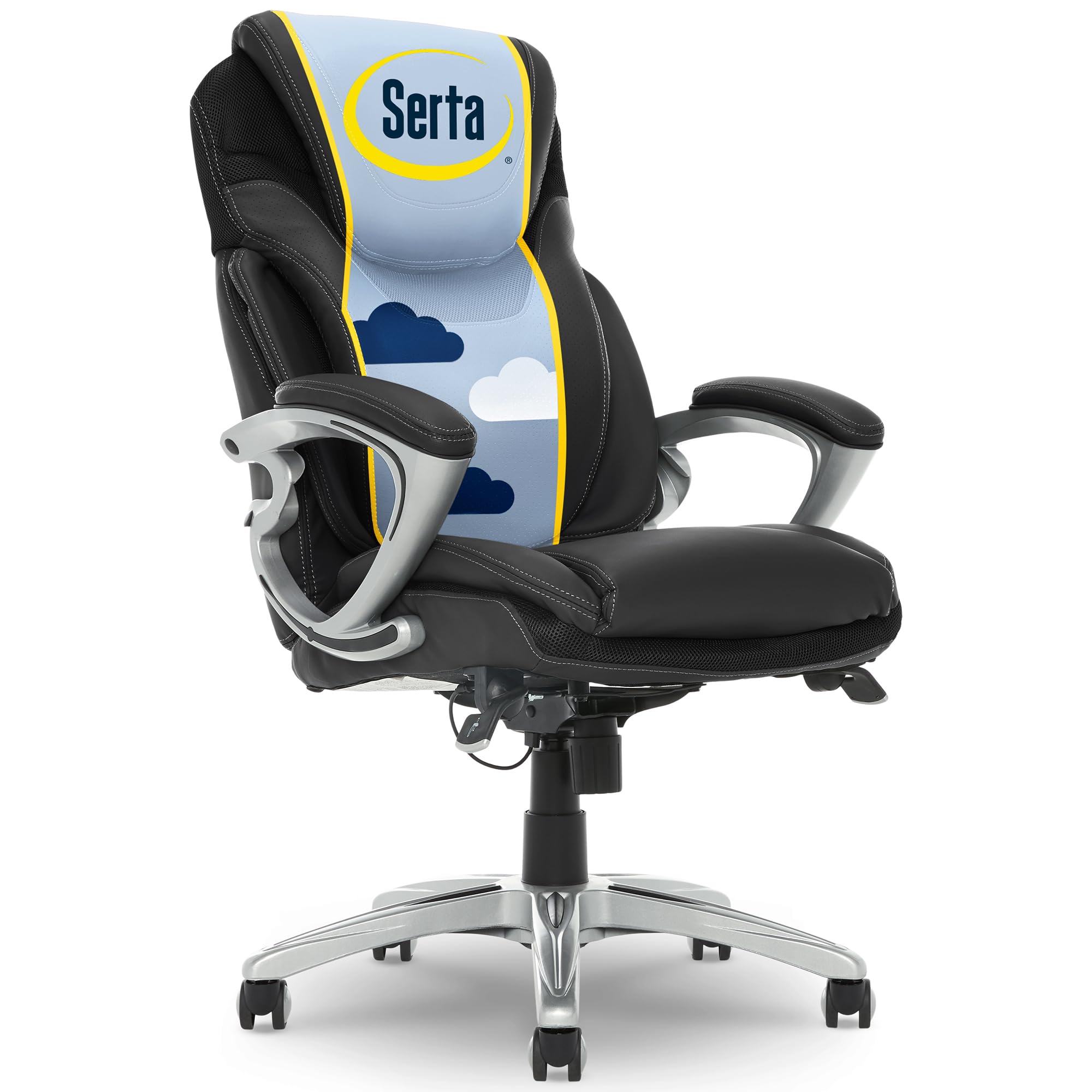 Executive Office Chair - Ergonomic Computer DeskChair with Lumbar Technology - Adjustable Height - Memory Foam Body Pillows - 360° Swivel Rolling Base - Bonded Leather - Black