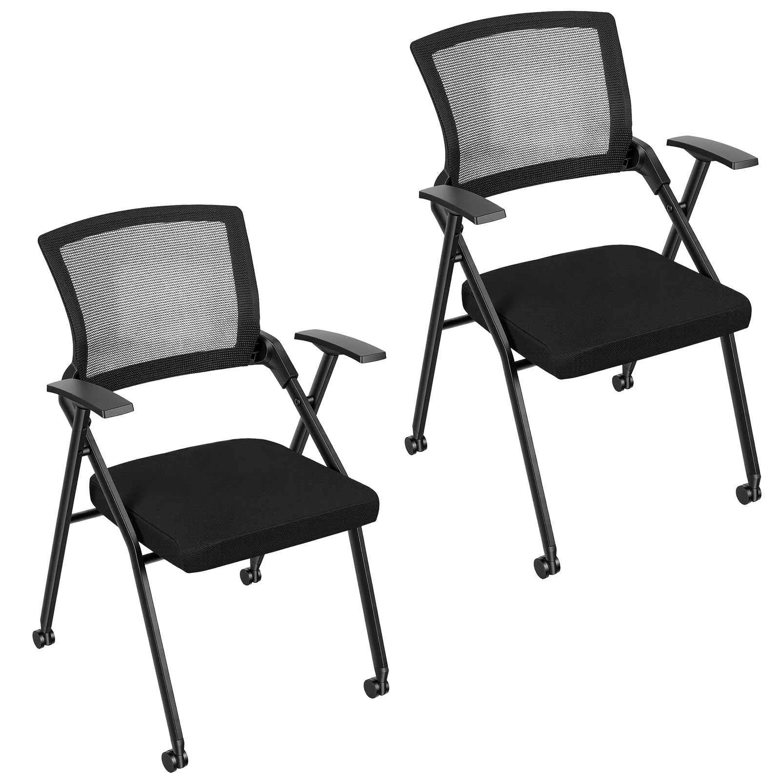 2PCS Ergonomic Foldable Office Chair with Breathable Mesh Back, Stackable Conference Chair - PU Wheels & Armrest for Guest, Meeting, Reception, Black,