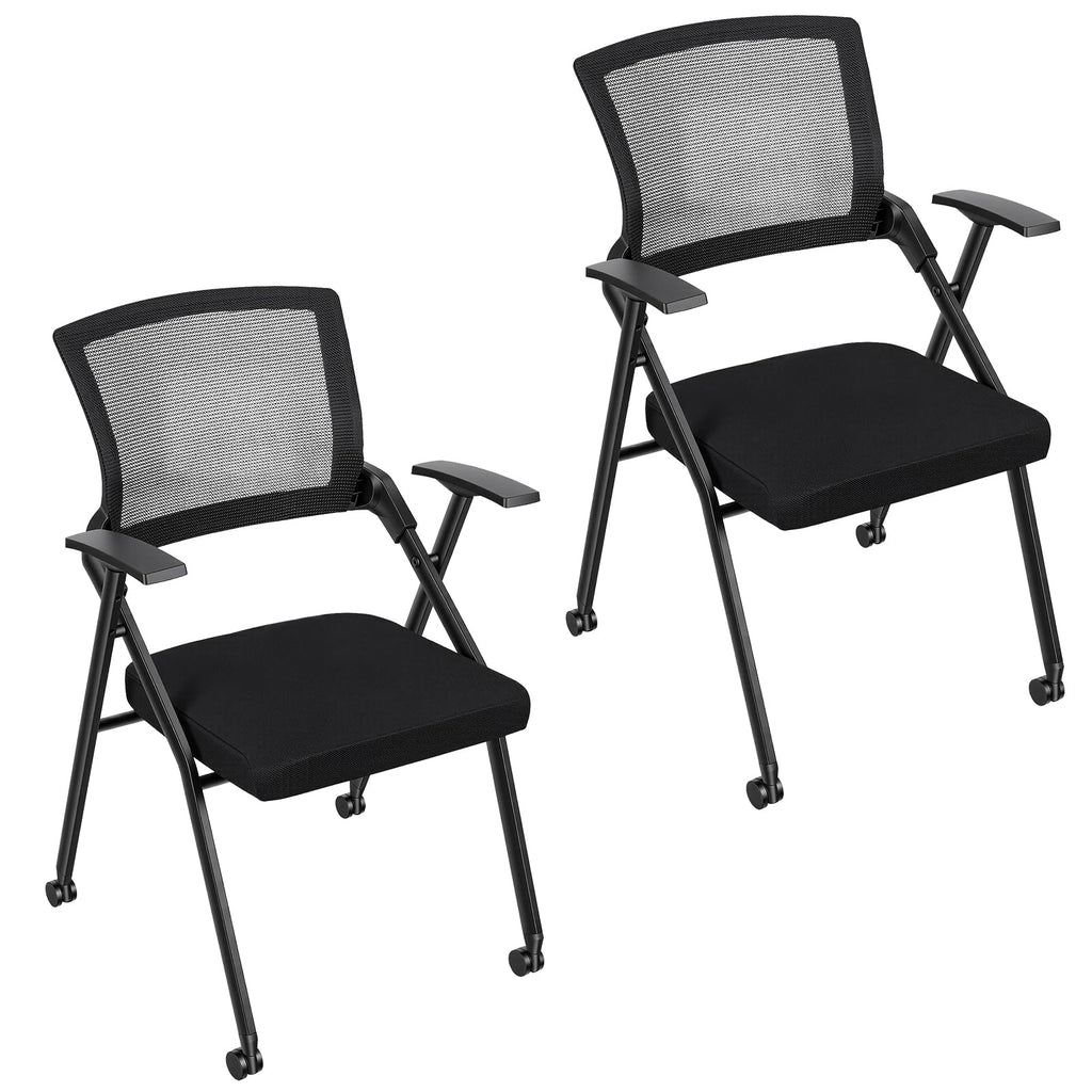 2PCS Ergonomic Foldable Office Chair with Breathable Mesh Back, Stackable Conference Chair - PU Wheels & Armrest for Guest, Meeting, Reception, Black,