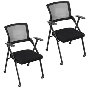 2PCS Ergonomic Foldable Office Chair with Breathable Mesh Back, Stackable Conference Chair - PU Wheels & Armrest for Guest, Meeting, Reception, Black,