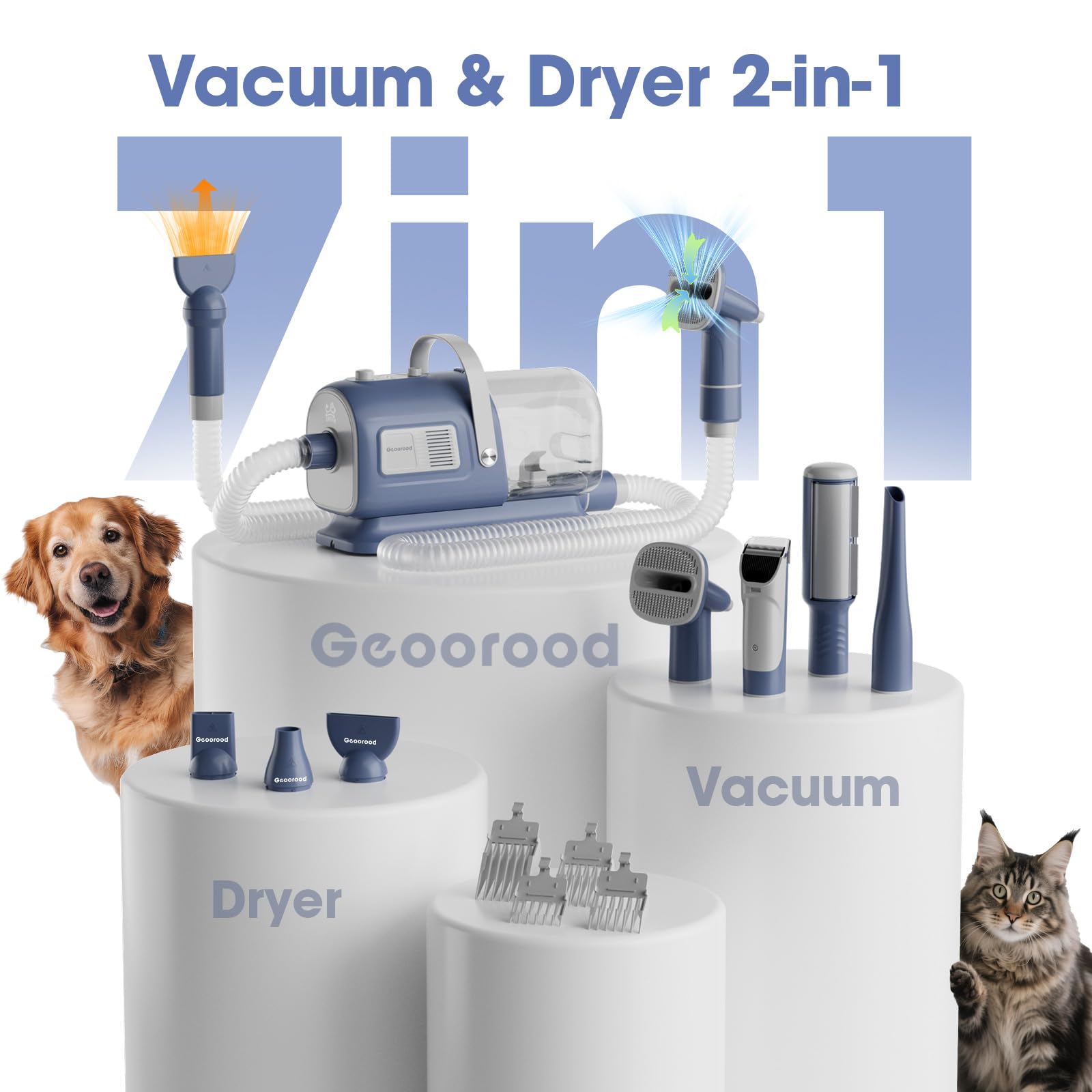 Dog Grooming Vacuum and Dryer Kit, Blower for Pet Vacuum Grooming 7 in 1 with Clippers for Dogs Hair Shedding Brush Remover Tools at Home Blue Grey