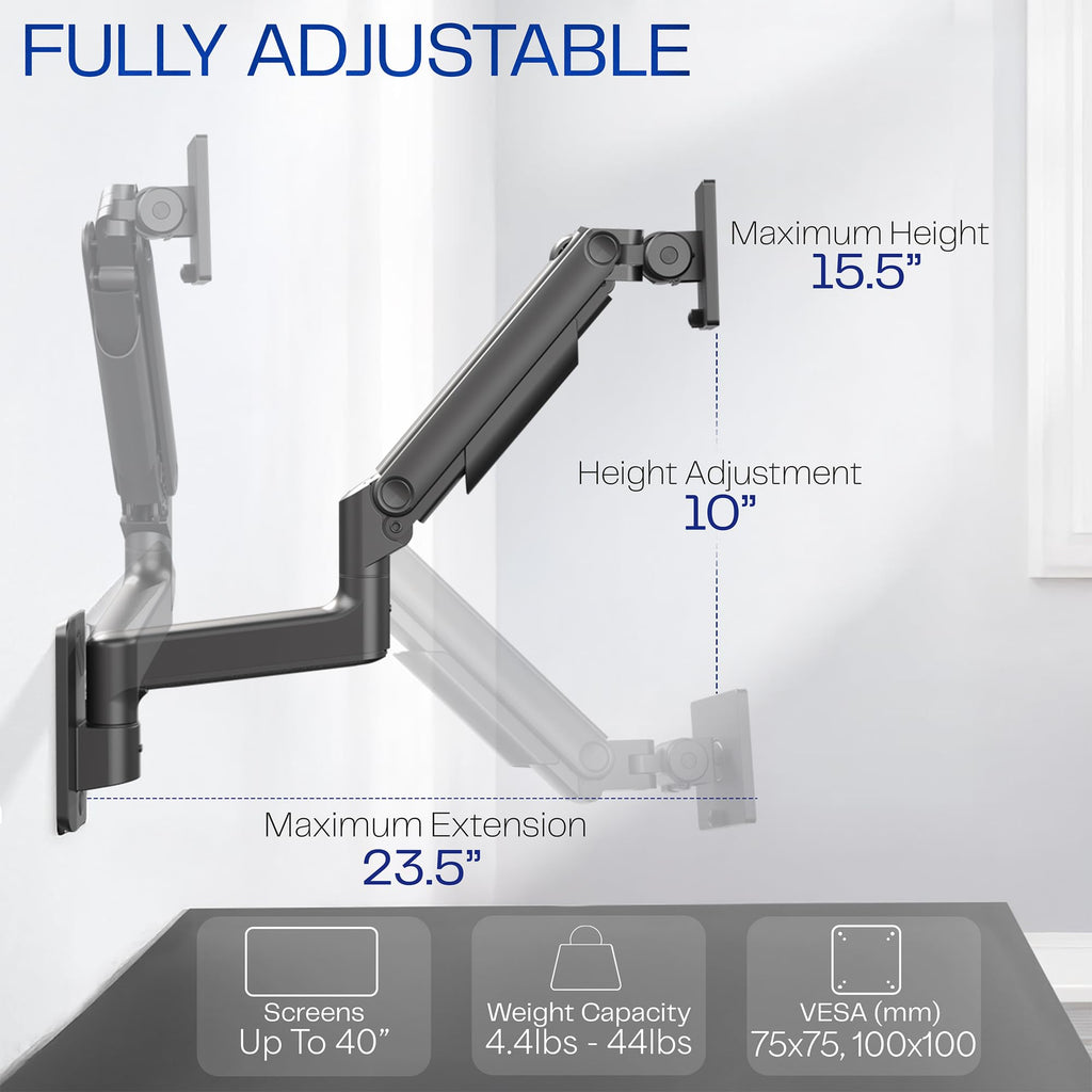 Premium Ultrawide Monitor Counterbalance Wall Mount for 40 inch Screens up to 44 lbs, Full Motion, Max VESA 100x100, Black, MOUNT-V100E