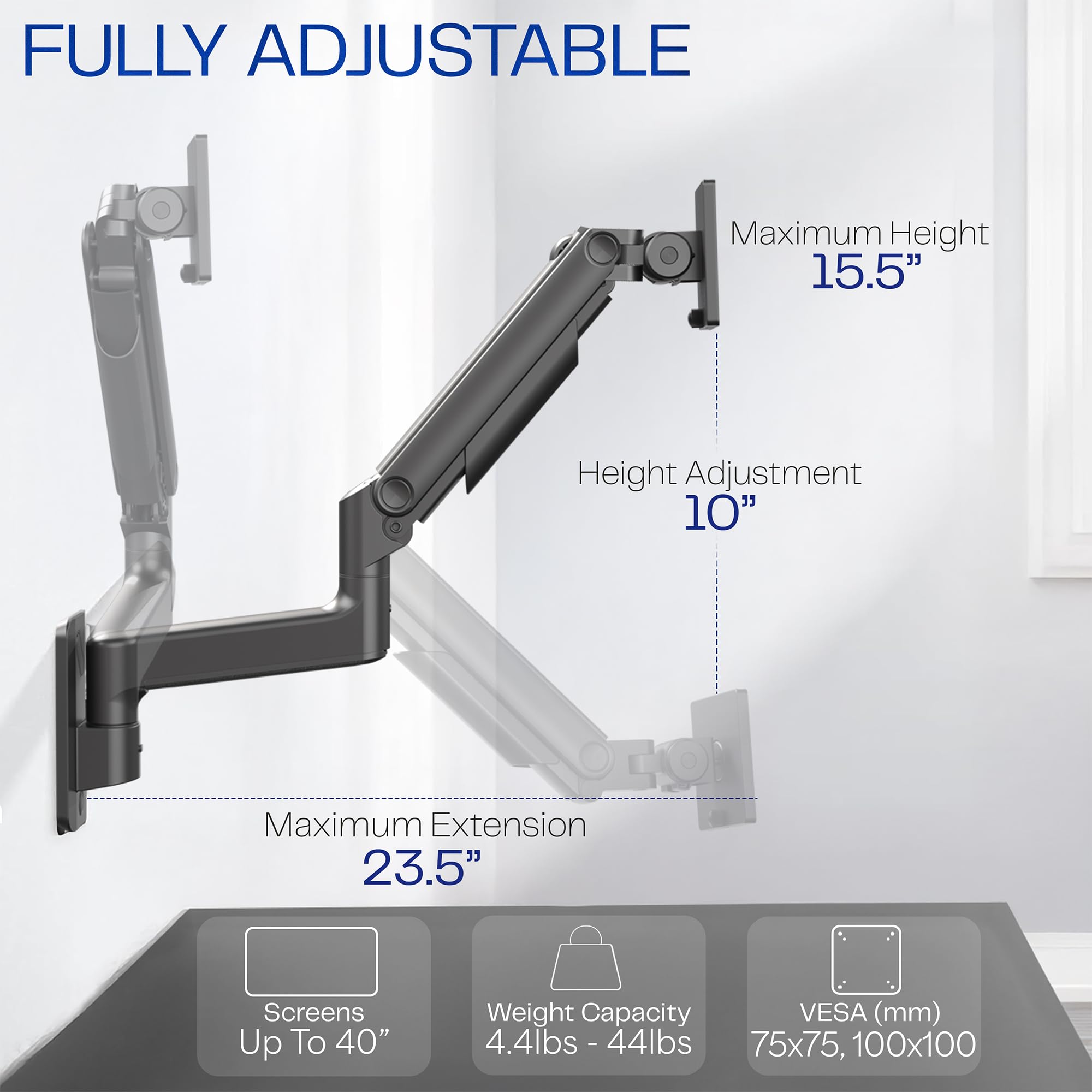 Premium Ultrawide Monitor Counterbalance Wall Mount for 40 inch Screens up to 44 lbs, Full Motion, Max VESA 100x100, Black, MOUNT-V100E