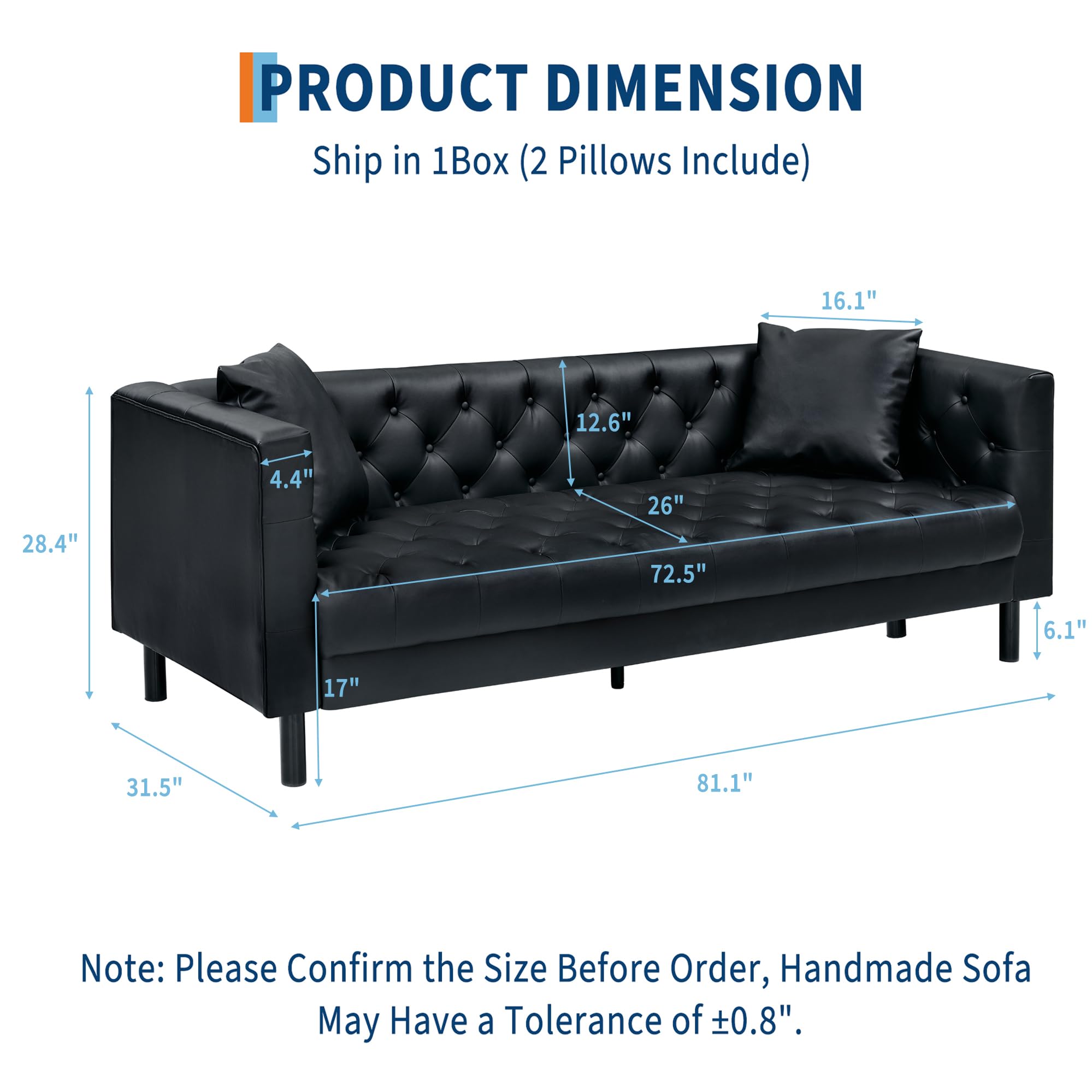 81 in Leather Couch for Living Room, Modern Leather Sofa with Deep Seat, Handmade Button Tufted 3 Seater Sofa, Chesterfield Couch for Apartment or Office, Black