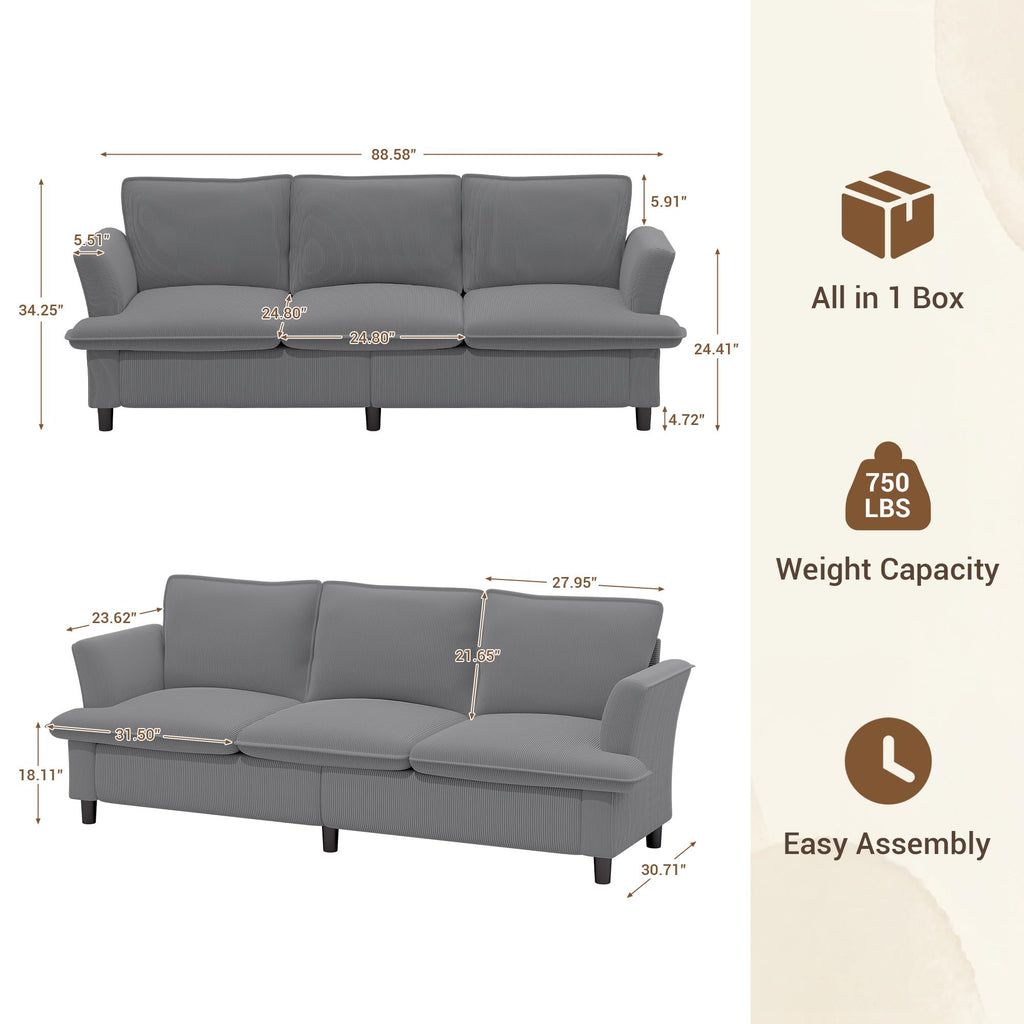 3 Seater Corduroy Couch, 89" Comfy Couch with Deep Seat, Modern Sofa Couch for Living Room, Office, Bedroom, Apartment (Pillows not Included)