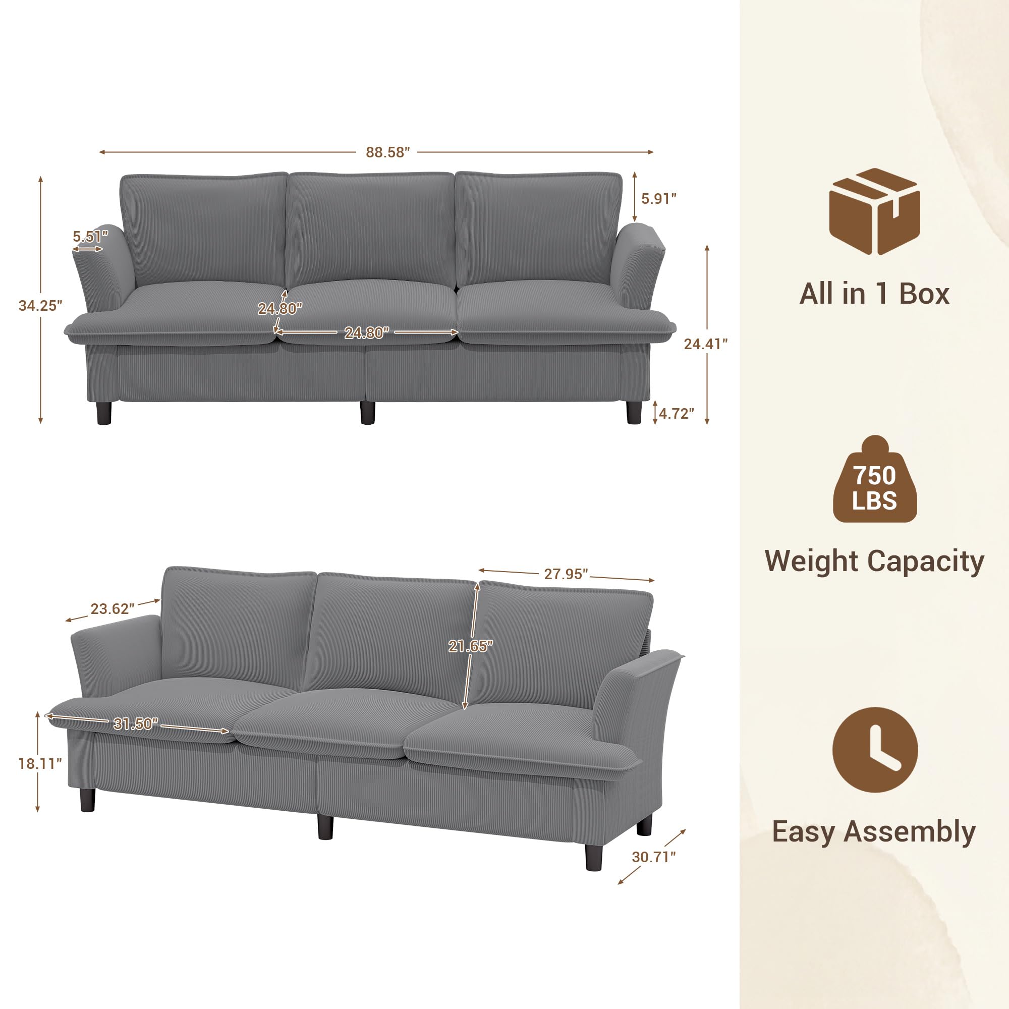3 Seater Corduroy Couch, 89" Comfy Couch with Deep Seat, Modern Sofa Couch for Living Room, Office, Bedroom, Apartment (Pillows not Included)