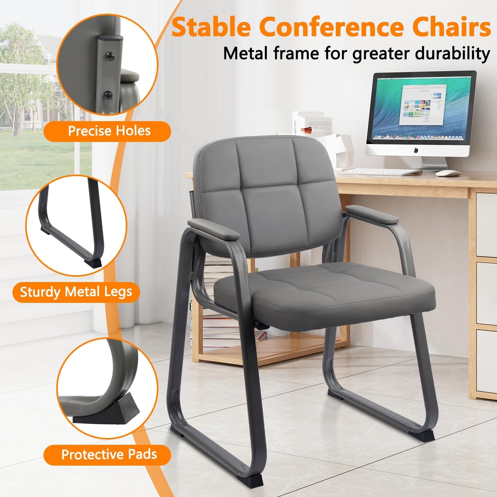 6 Pack, Waiting Room Guest Chair with Bonded Leather Padded Arm Rest for Office Reception and Conference Desk Black with Sled Base Grey