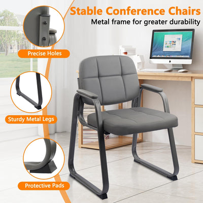 6 Pack, Waiting Room Guest Chair with Bonded Leather Padded Arm Rest for Office Reception and Conference Desk Black with Sled Base Grey
