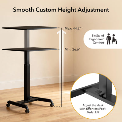 Rolling Laptop Desk Adjustable Height (29.6”-44.2”), Mobile Workstation Cart with 23.6” x 20.5” Desktop, Small Sit-Stand Desk for Home, Office, or Classroom in Black