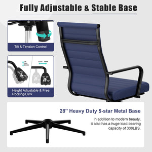 Blue Leather Office Desk Chair, Conference Room Chairs Executive Chair Ribbed, Ergonomic Height Adjustable Swivel Rolling Chair for Home Office.
