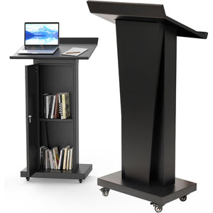 Metal Podium Stand with Wheels, Heavy-Duty Rolling Lectern for Classroom, Church & Office Presentations, Large Top, Locking Casters, Stable Base