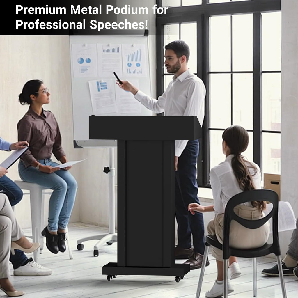 Podium Stand with 4 Lockable Wheels, Heavy-Duty Metal Lecterns & Podiums with Hidden Storage, 46.5”H Portable Pulpit for Church, School, Office and Conference, Black