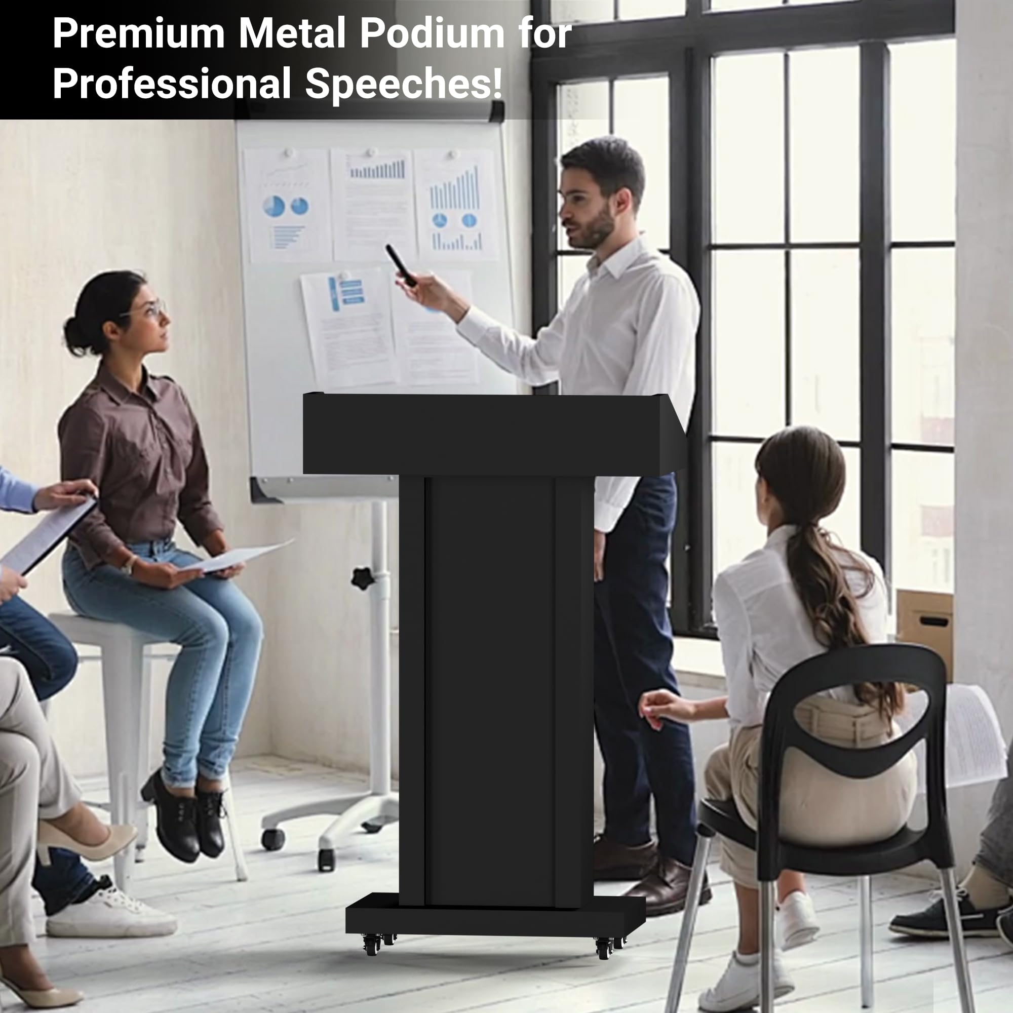 Podium Stand with 4 Lockable Wheels, Heavy-Duty Metal Lecterns & Podiums with Hidden Storage, 46.5”H Portable Pulpit for Church, School, Office and Conference, Black