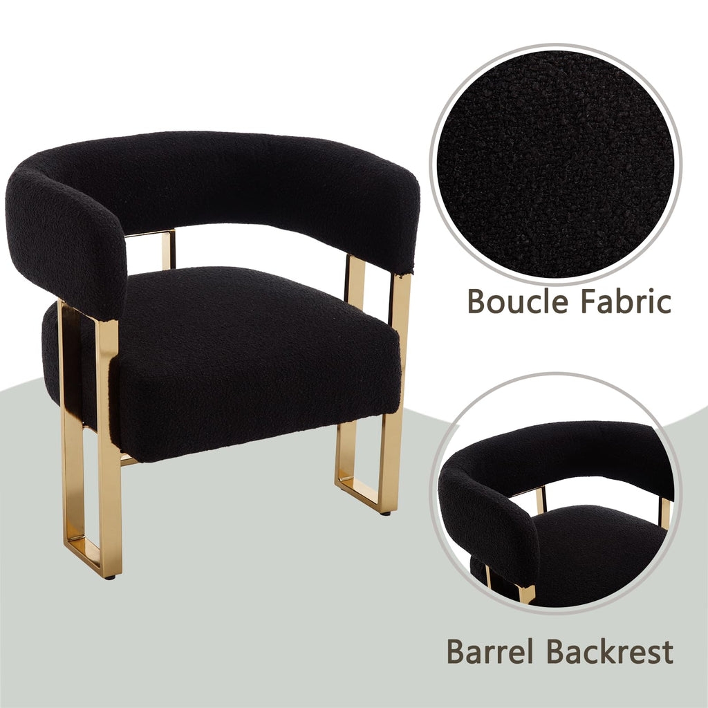 Modern Barrel Accent Chair, Boucle Fabric Living Room Chair with Gold Metal Legs, Comfy Upholstered Single Sofa Armchair Side Chair for Lounge/Bedroom/Reading, Black