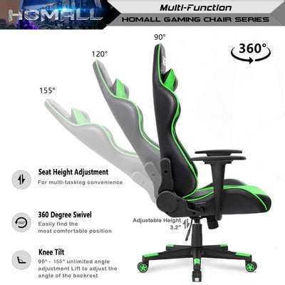Gaming Chair, Office Chair High Back Computer Chair Leather Desk Chair Racing Executive Ergonomic Adjustable Swivel Task Chair with Headrest and Lumbar Support (Green)
