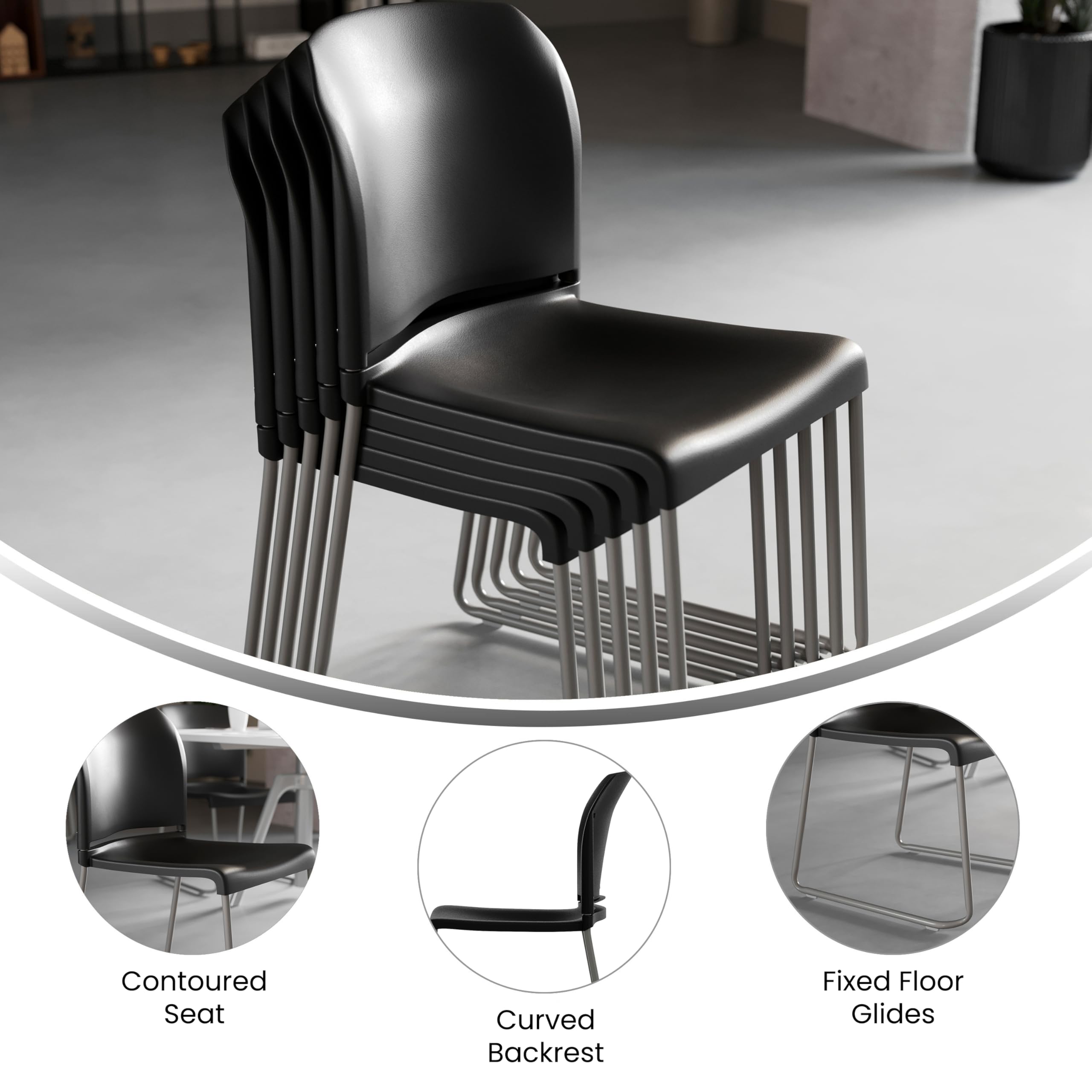 Set of 5, Black, Hercules Series Contoured Stacking Chairs for Waiting Rooms and Offices, Ergonomic Lobby Chairs with Curved Back