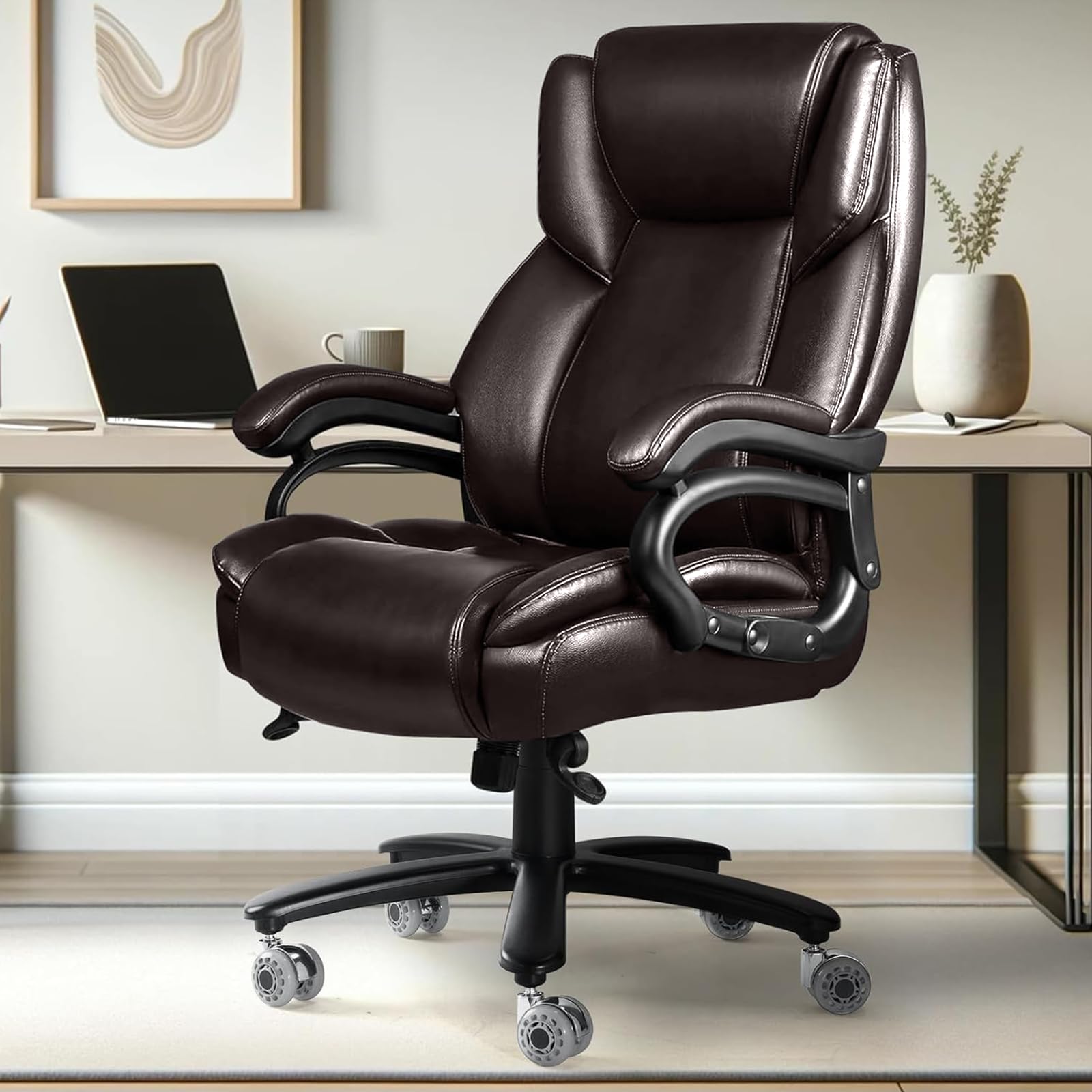 500lbs Big and Tall Office Chair with Dual Rubber Wheel and Pocket Spring Cushion, Comfy Heavy Duty Office Chair for Low Back Pain Relief, Large Executive Desk Chair with Adjustable Lumbar Support