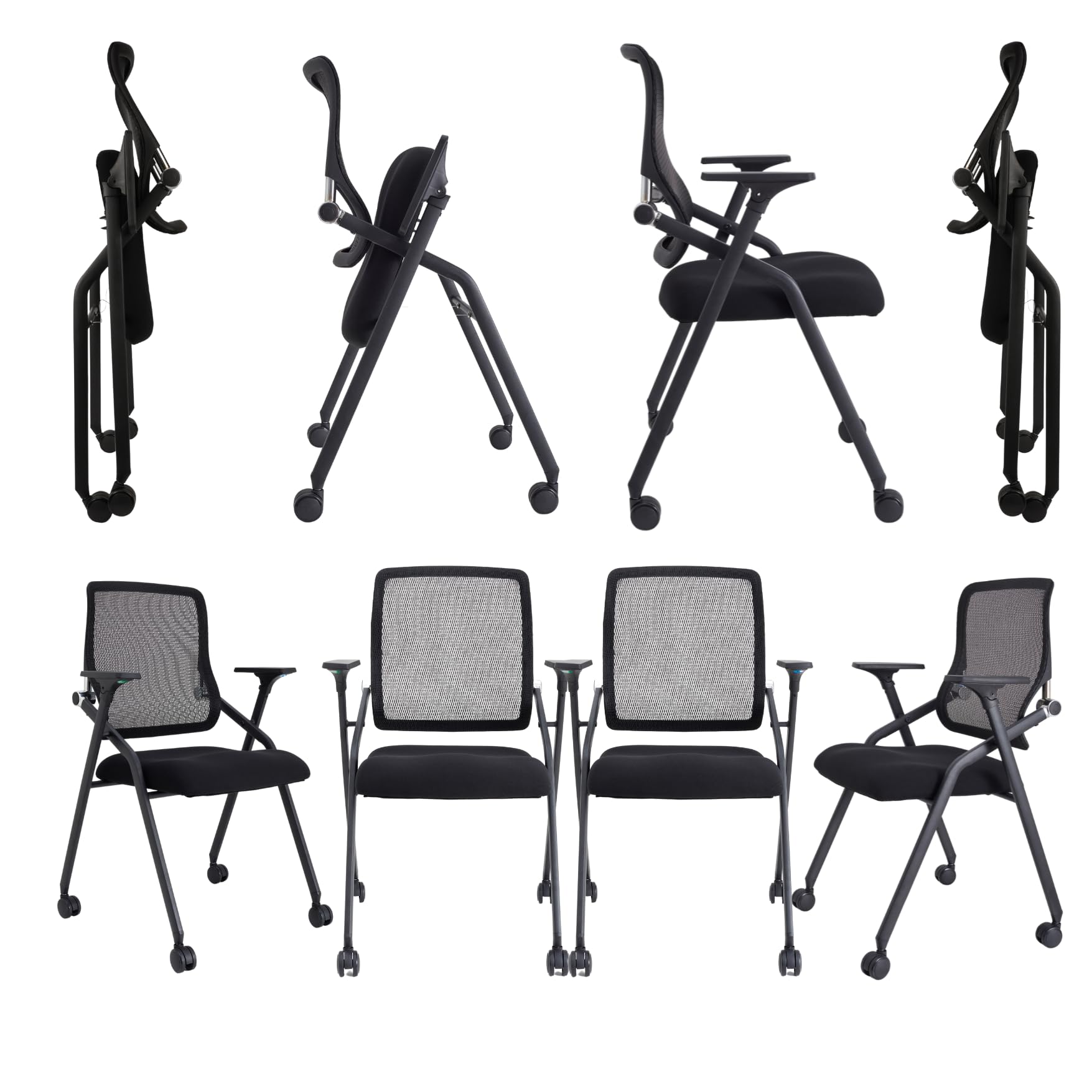 8 Pack Black, Updated Conference Room Chairs, Folding Office Desk Chair with Lumbar Support and Sliding Armrest with Casters, Stackable Office Guest Chairs & Reception Chairs