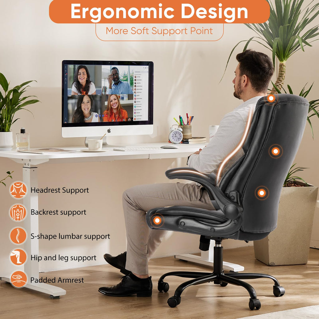 Set of 2, Ergonomic Computer Gaming Office Chair,  Heavy Duty Task Desk Swivel Rolling Chairs with Wheels, Flip-up Arms, Adjustable Height, PU Leather,Inky