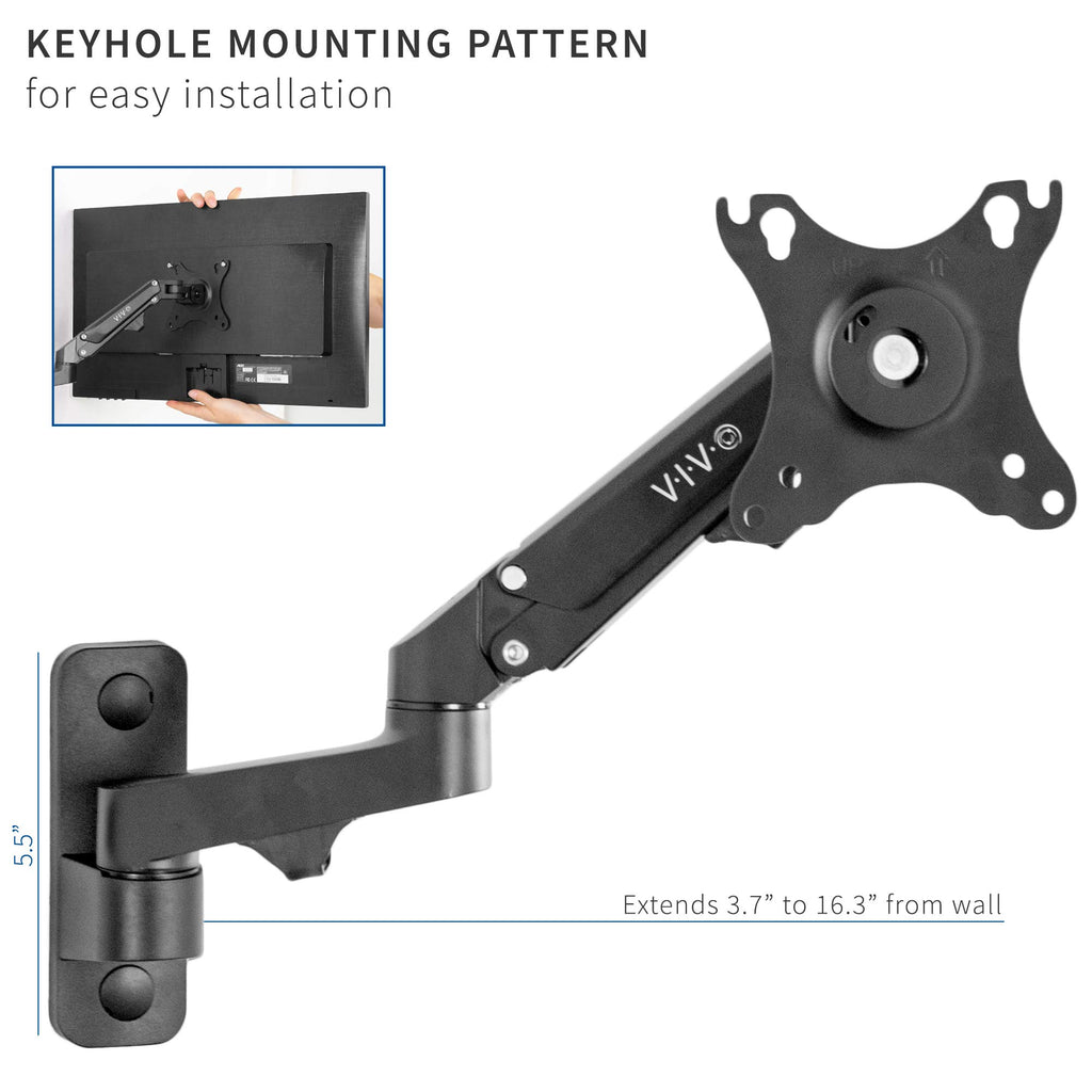 Premium Aluminum Single LCD Monitor Wall Mount for Screens up to 32 inches, Pneumatic Adjustable Arm fits up to VESA 100x100, MOUNT-G100B