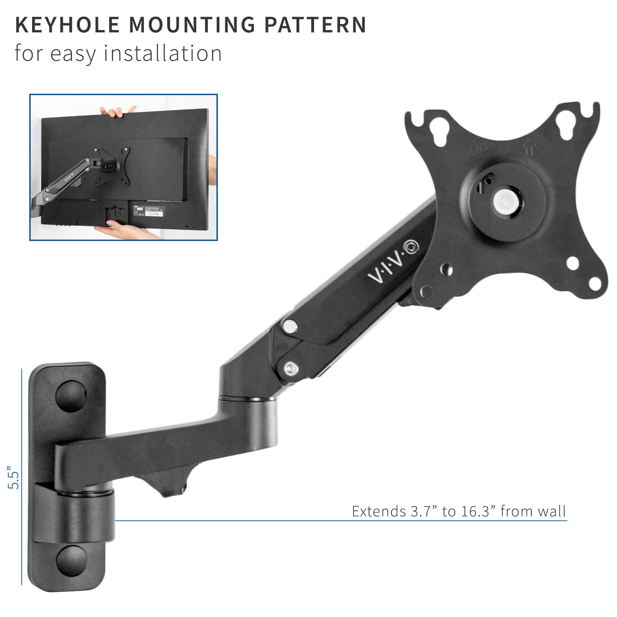 Premium Aluminum Single LCD Monitor Wall Mount for Screens up to 32 inches, Pneumatic Adjustable Arm fits up to VESA 100x100, MOUNT-G100B