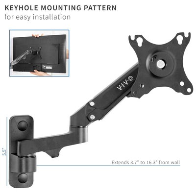 Premium Aluminum Single LCD Monitor Wall Mount for Screens up to 32 inches, Pneumatic Adjustable Arm fits up to VESA 100x100, MOUNT-G100B