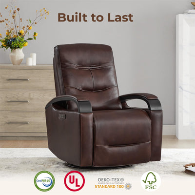 Genuine Leather Power Swivel Glider Rocker Recliner, FSC Certified Mid Century Modern Recliner Chair for Adults, Adjustable Power Headrest, for Nursery and Living Room, Cognac Brown