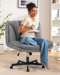 Criss Cross Chair with Wheels, Cross Legged Office Chair, Armless Wide Vanity Desk Chair with 2 Layer Comfty Velvet & Back - Swivel for Home Office Bedroom, Velvet Gray