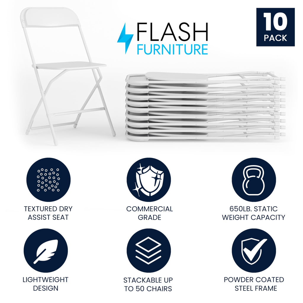 Hercules Set of 10 Indoor/Outdoor Heavy-Duty Plastic Folding Chairs, Foldable Commercial Stacking Chairs with 650-lb. Static Weight Capacity, White
